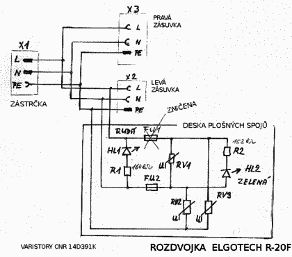 Obrázek se schématem zapojení rozbočky s přepěťovou ochranou ELGOTECH R-20F. 